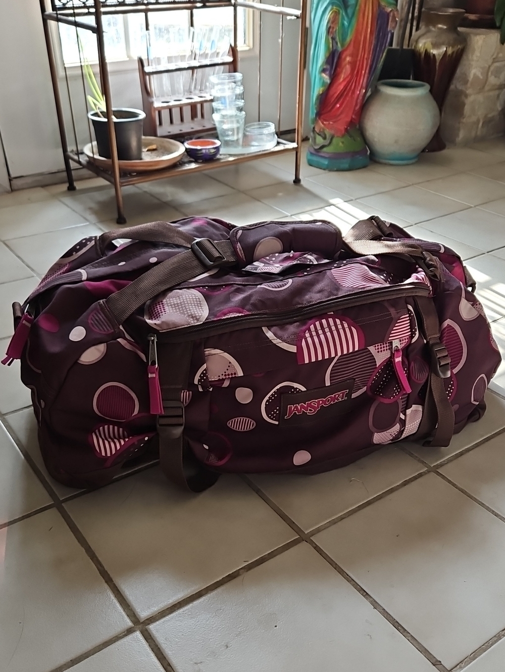 Vintage JanSport Purple & Pink Geometric Patterned Duffel Bag - VGUC